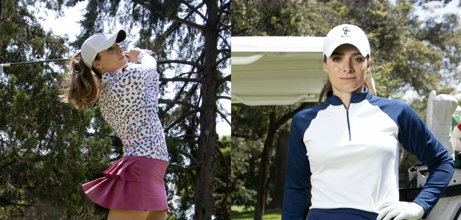 Gaby López con gorra deportiva blanca Ponyflo, mostrando su coleta y estilo funcional en sesión editorial de golf.