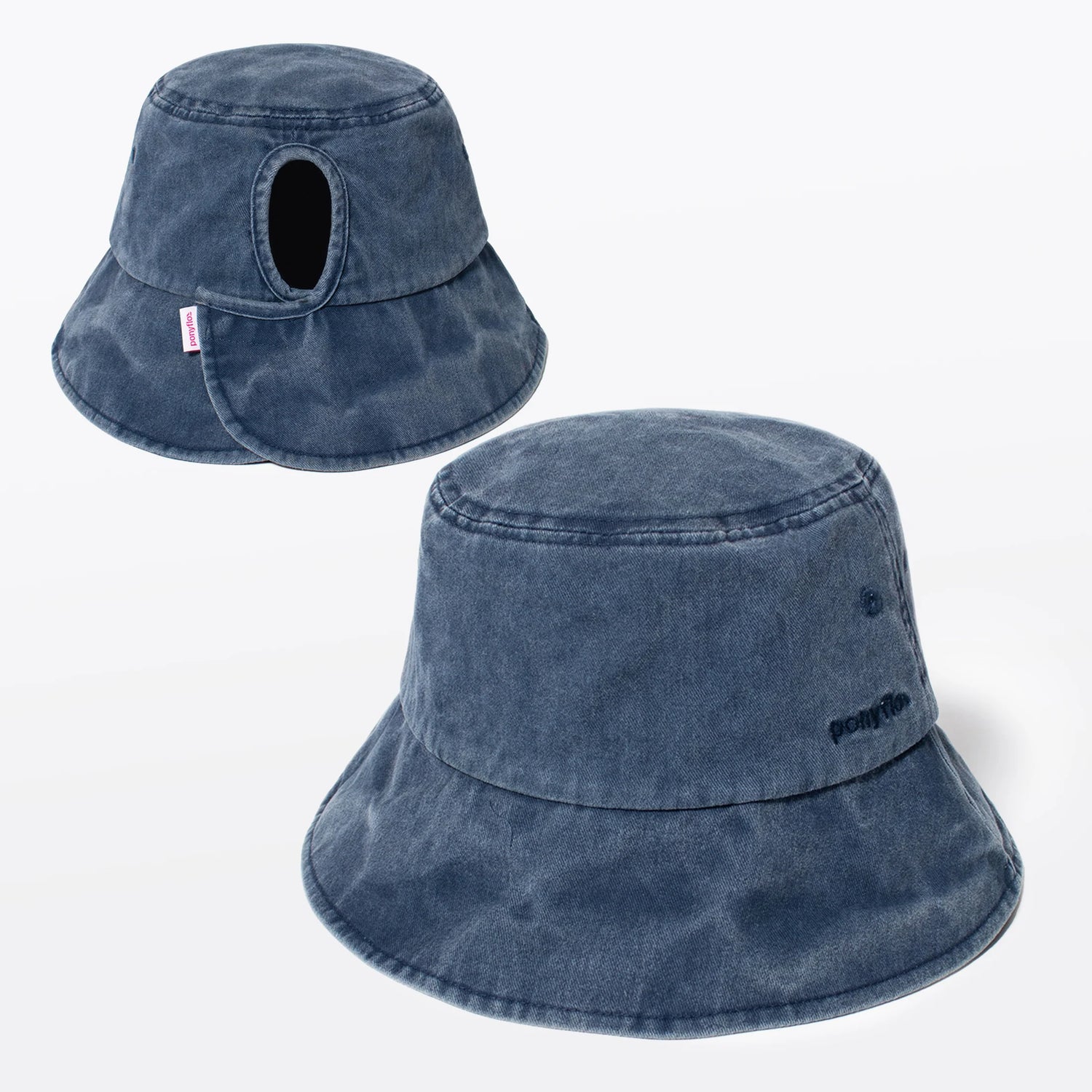 Bucket hat 100% de algodón azul con abertura para cola de caballo